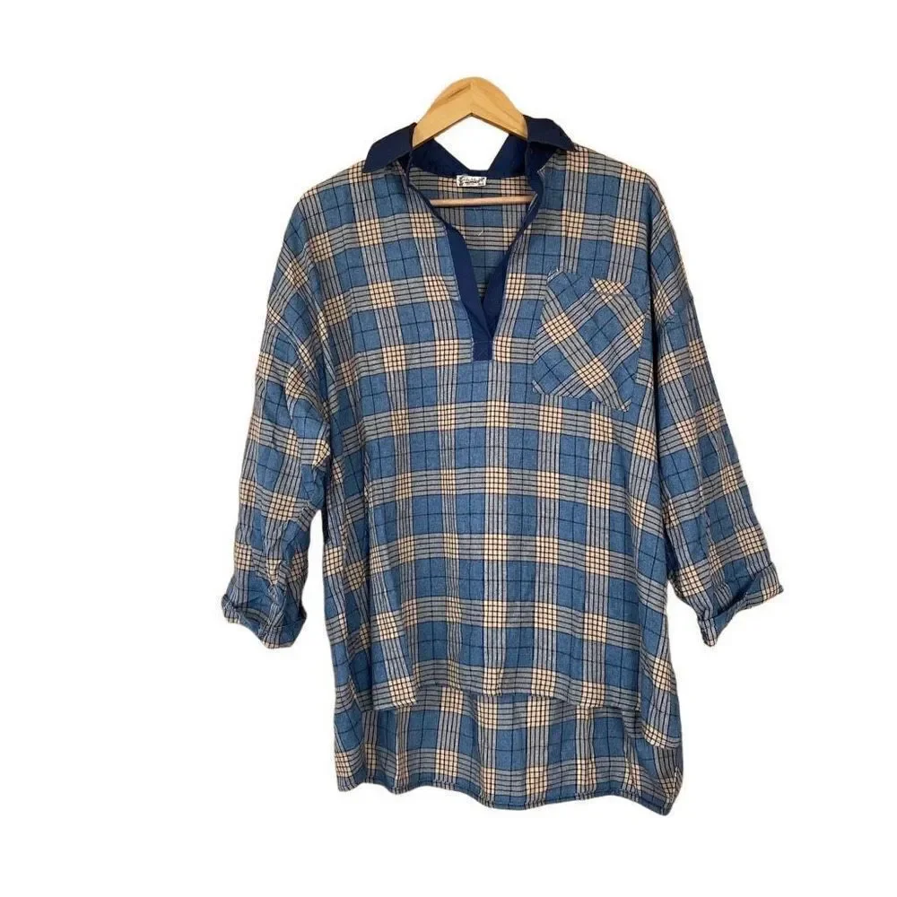 Free people Sunday morning sleep shirt sapphire blue plaid small new